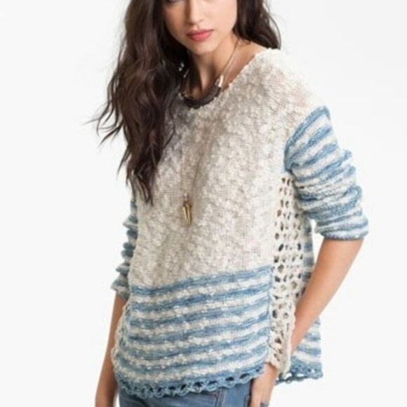 FREE PEOPLE FRENCH CREEK COTTON SLUB KNIT STRIPED SWEATER W/ CROCHET SIDES S - Picture 1 of 11